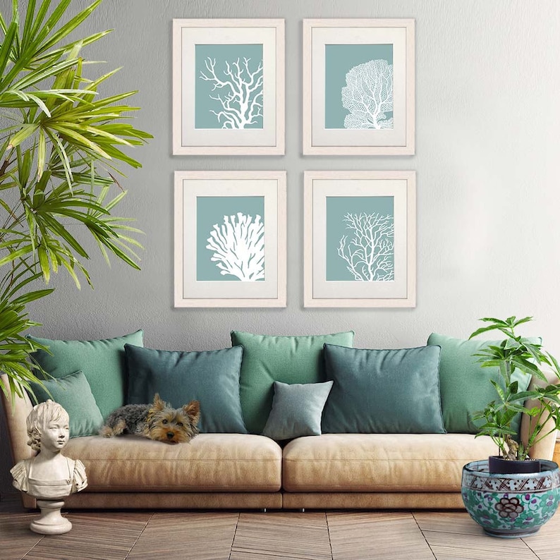 Set 4 Coral Prints Mist Blue/Green, Nautical print nautical Poster coral art Wall Art Wall Decor Wall Hanging beach house bathroom poster image 7