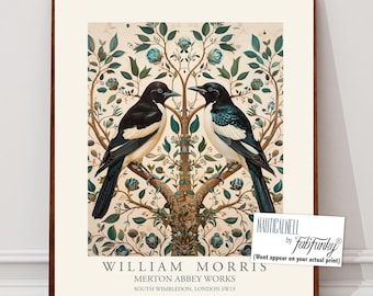 William Morris style bird print, William Morris Magpie In Tree poster, Large Vintage wall art, Wildlife nature lover Illustration, botanical
