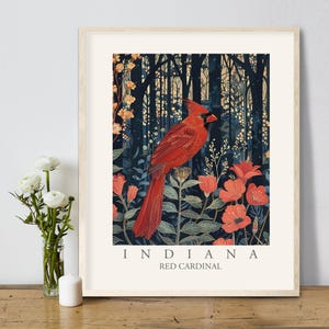 Red Cardinal Indiana State Bird Art Print, William Morris Style Wall Decor, Backyard Birds IN Great Lakes, Large Colorful Forest Poster