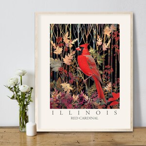 Impresión artística del pájaro del estado de Illinois, cardenal rojo, decoración de pared estilo William Morris, pájaros de patio trasero de los Grandes Lagos de Illinois, póster de bosque colorido grande