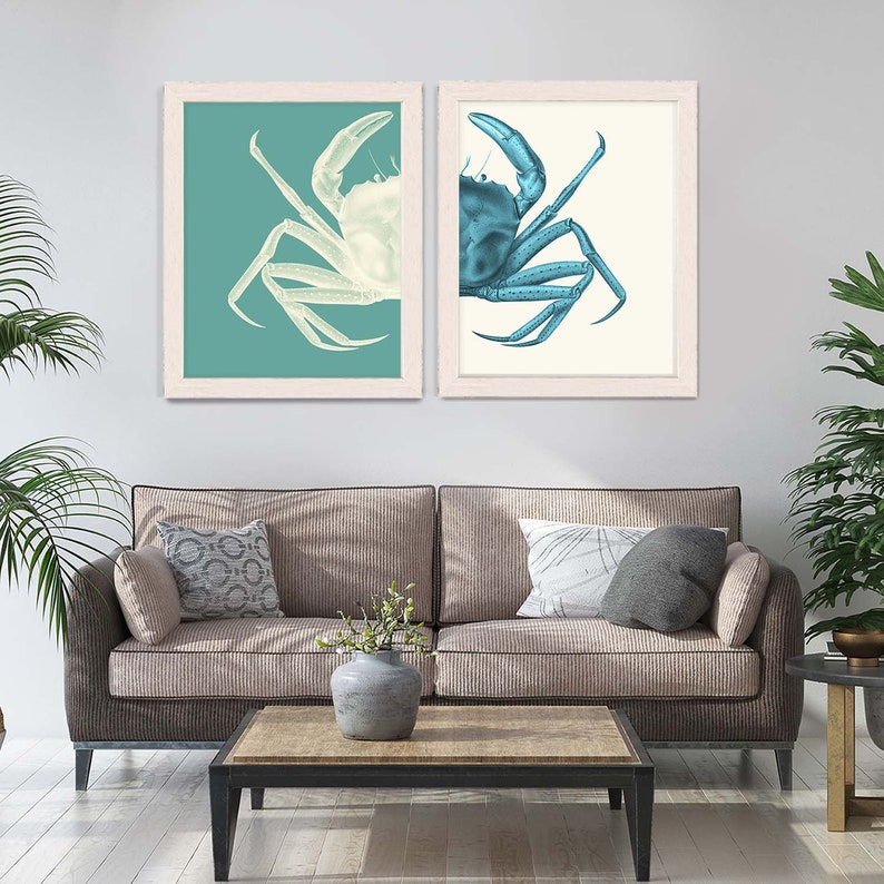 Nautical Art Prints Crab Prints Turquoise Nautical gift bathroom Decor Nautical Decor Wall Art Beach House Crab Picture housewarming gift image 1