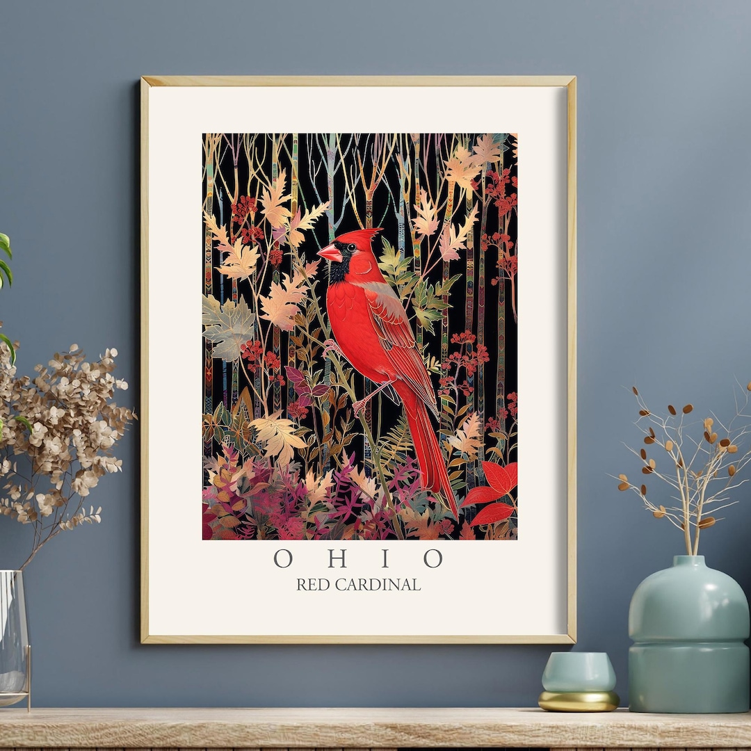 Red Cardinal Ohio State Bird Art Print, William Morris Style Wall