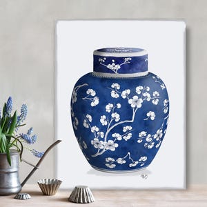 Ingwerglas Kunst, Kirschblüte, blau-weißes Porzellan, Botanisches Dekor, Chinoiserie-Vase, Wohnzimmer Wandkunst, Wohndekor, orientalische Malerei