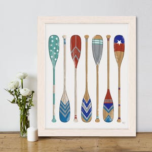Vintage style oar set print in bright colours - Sailing decor, Beach house wall art, Canoe paddles, Cabin rowing decor, Rustic style oars