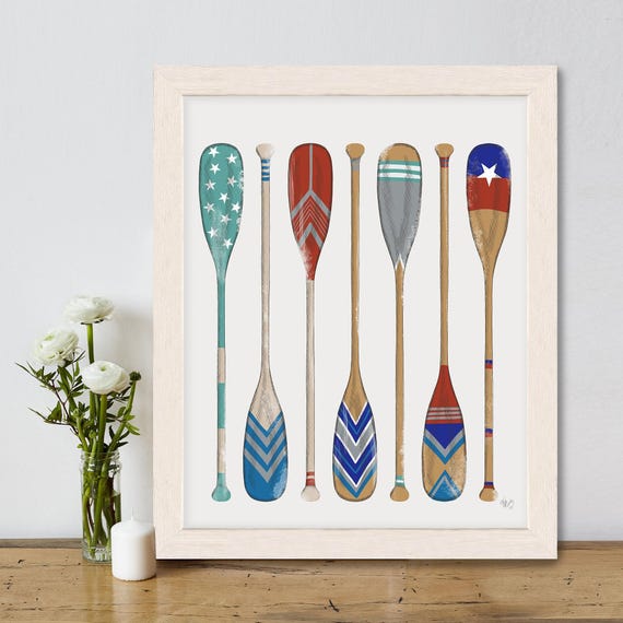 Vintage style oar set print in bright colours - Sailing decor, Beach house wall art, Canoe paddles, Cabin rowing decor, Rustic style oars