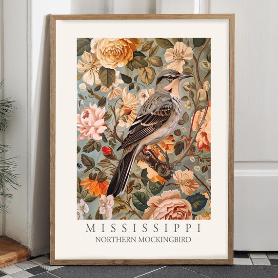Northern Mockingbird Mississippi State Bird Print, William Morris