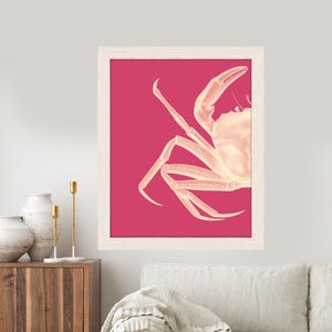 Arte de pared de cangrejo - Blanco sobre rosa - Impresión de cangrejo rosa, decoración de pared moderna, arte infantil para habitación infantil, decoración costera, impresión náutica, arte náutico