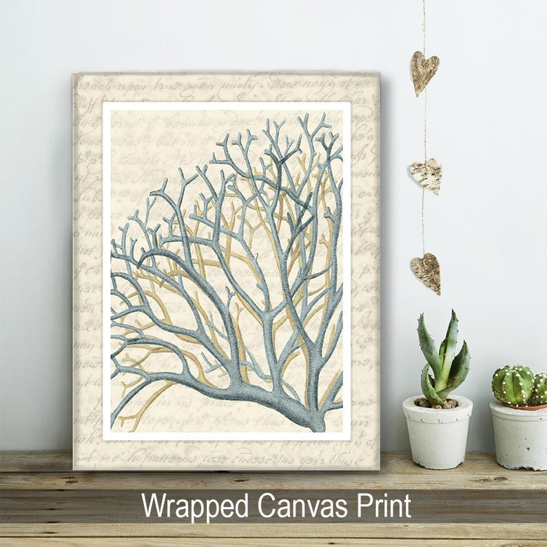 Nautical Art Prints Blue Coral Prints On Vintage Script Set Etsy