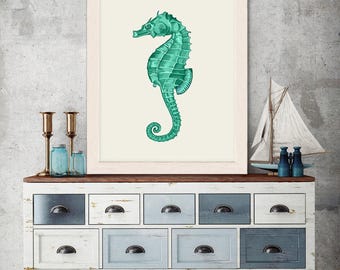 Seahorse print - Green Seahorse Art Print seahorse decor sea life print sea life art marine print marine painting ocean art ocean print