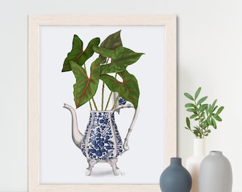 Blue and white print - Chinoiserie Vase 4 With Plant - Chinoiserie teapot Oriental room decor Southern style gift for plant lover Botanical
