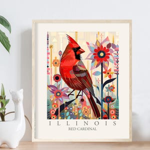 Impresión de pájaro del estado de Illinois, cardenal rojo, arte de pared de estilo abstracto moderno, decoración del hogar, pájaros de patio trasero de IL, EE. UU., póster bohemio colorido grande