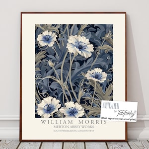 Estampa floral estilo William Morris, pôster de flor nigela azul, grande arte de parede vintage, ilustração da natureza, decoração de casa boho Art Nouveau