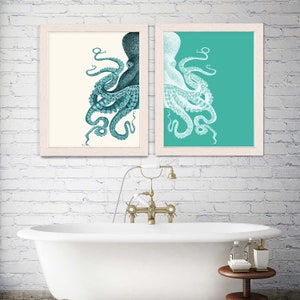 Octopus Prints Turquoise & cream Set of 2 , Octopus art Nautical Print Beach Decor bathroom Decor Nautical Decor Wall Art Beach House Decor image 2