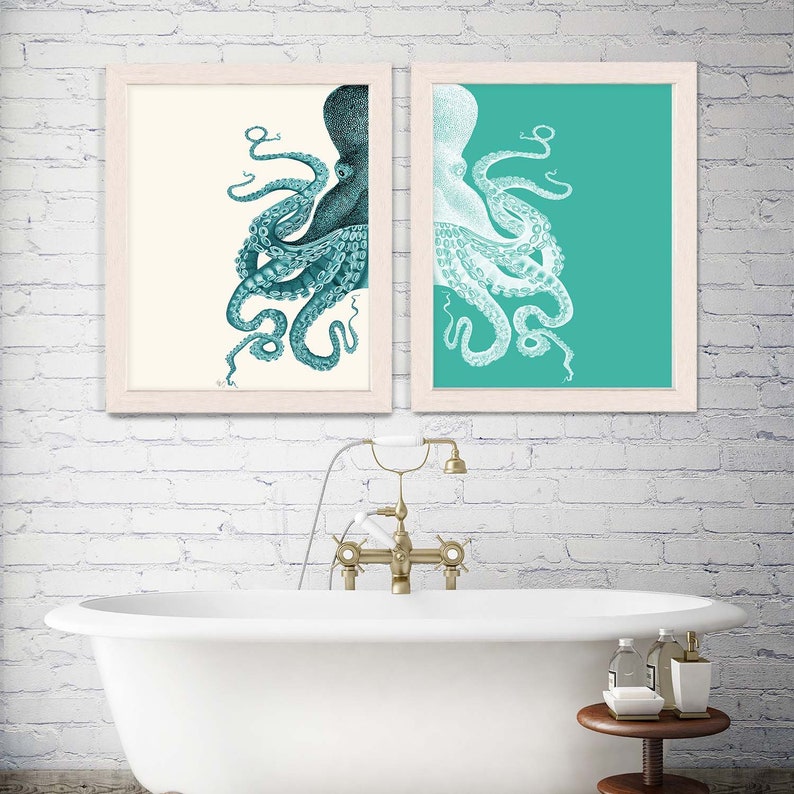 Octopus Prints Turquoise & cream Set of 2 , Octopus art Nautical Print Beach Decor bathroom Decor Nautical Decor Wall Art Beach House Decor image 2