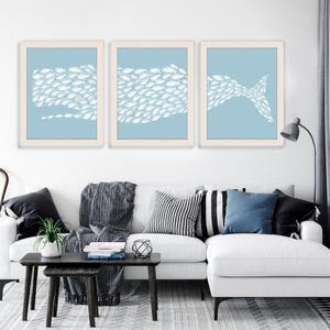 Pottwal Druck, Triptychon Leinwandkunst, 3 Kunstdrucke, Wal Malerei, Blau und Weiß, Badezimmer Dekoration, Nautische Wandkunst