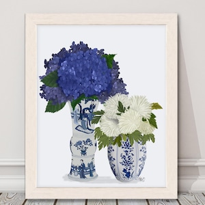 Chinoiserie vase, Blue hydrangea, white chrysanth art, Blue and white china, Floral interiors decor, Gallery wall art, Ginger jar picture