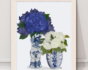 Chinoiserie Vase, blaue Hortensie, weiße Chrysantheme, blaues und weißes Porzellan, Blumendekor, Galeriewandkunst, Ingwerglasbild