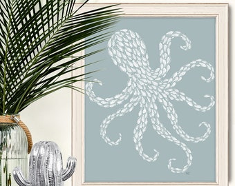 Polpo di pesce bianco, stampa d'arte di pesce, arte della parete di polpo, arredamento del bagno, immagini nautiche, illustrazione di pesce, arte della parete dell'oceano, arredamento per la casa sull'oceano