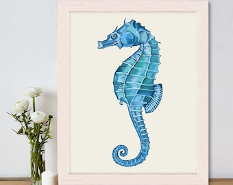 Blue Seahorse Giclee Art Print, Nautical Wall Decor