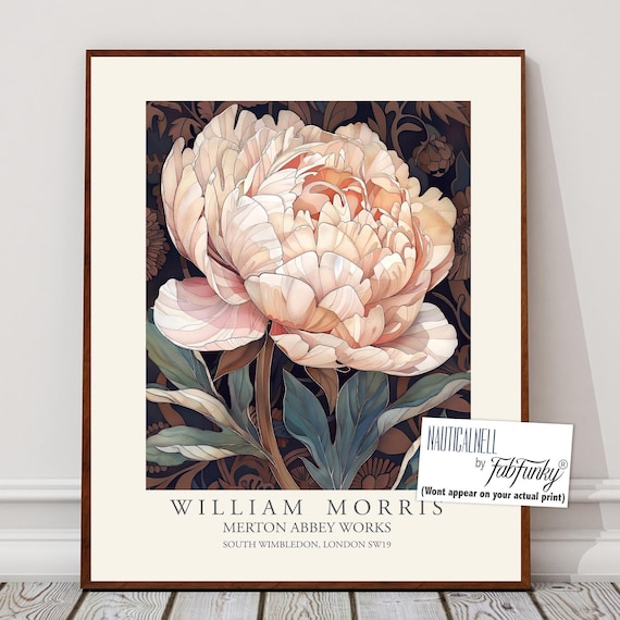 William Morris Style Pink White Peonies Print, Floral Poster