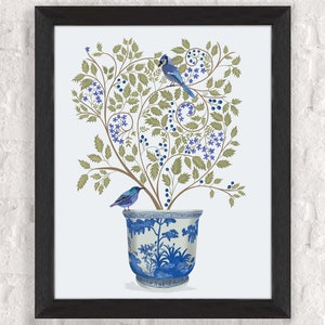 Blueberry tree chinoiserie planter and blue birds, Framed art, unframed print or canvas art made in UK, Oriental wall art for living room image 4