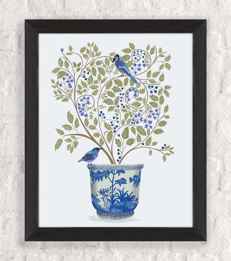 Blueberry tree chinoiserie planter and blue birds, Framed art, unframed print or canvas art made in UK, Oriental wall art for living room image 4