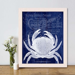 Crab art - Prohibition Crab Print on Blue Nautical print beach house decor nautical decor bathroom wall art coastal home decor Kitchen print