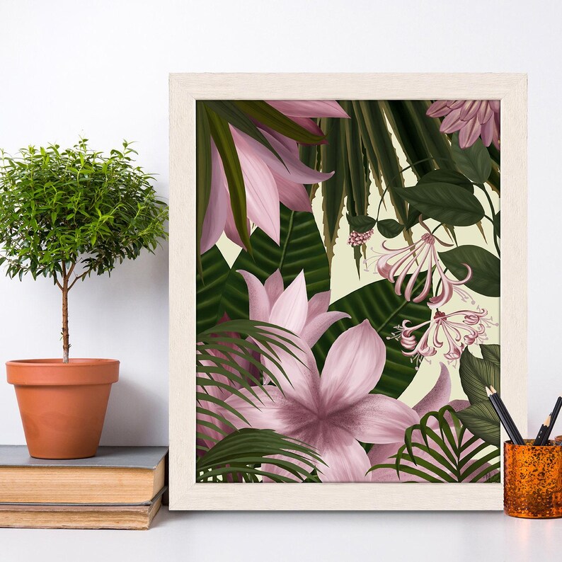 Botanical artwork, wall art on canvas, tropical flower art floral print, flower painting, tropical room decor, pink decor - Tropical blush 4 image 2
