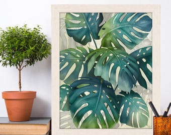Botanical leaf art, tropical room decor, tropical leaf, green wall art, big canvas print, green leaf print  - Monstera tropical tones