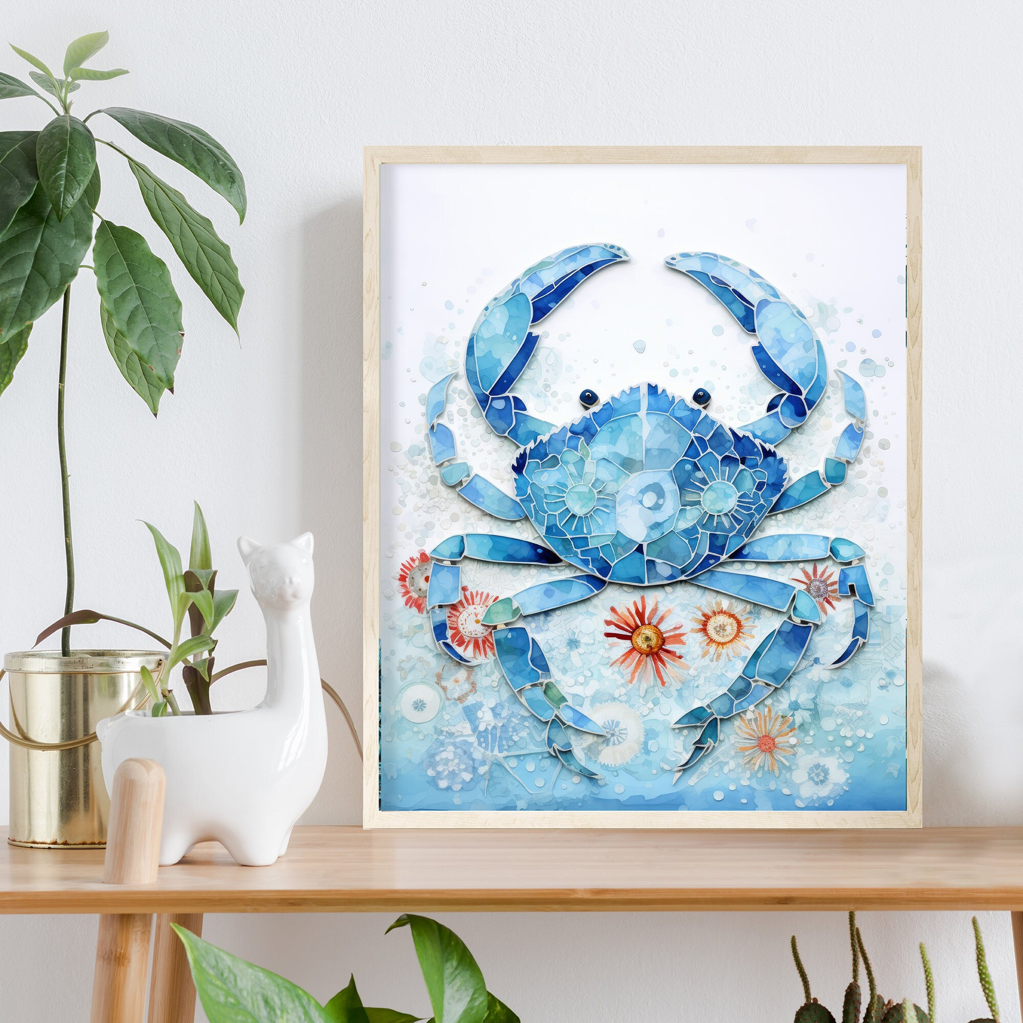 Blue Mosaic Crab Art Print, Maryland Crab Painting, Coastal Home