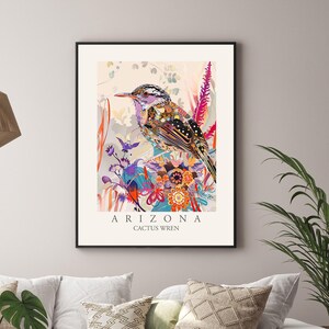 Cactus Wren Arizona State Bird Print, Modern abstract style wall art Home Decor, Backyard Birds of AZ USA, Large Colorful Boho Canvas Poster