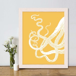 Octopus Tentacles White/Mustard, Octopus print Nautical print beach house decor coastal living kraken print Nautical Home Decor Beach Decor image 1