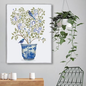 Blueberry tree chinoiserie planter and blue birds, Framed art, unframed print or canvas art made in UK, Oriental wall art for living room image 8