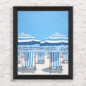 French Riviera scene, Retro beach umbrella, Modern coastal art, Blue and white decor, Summer beach club decor Vintage parasol wall art print image 5