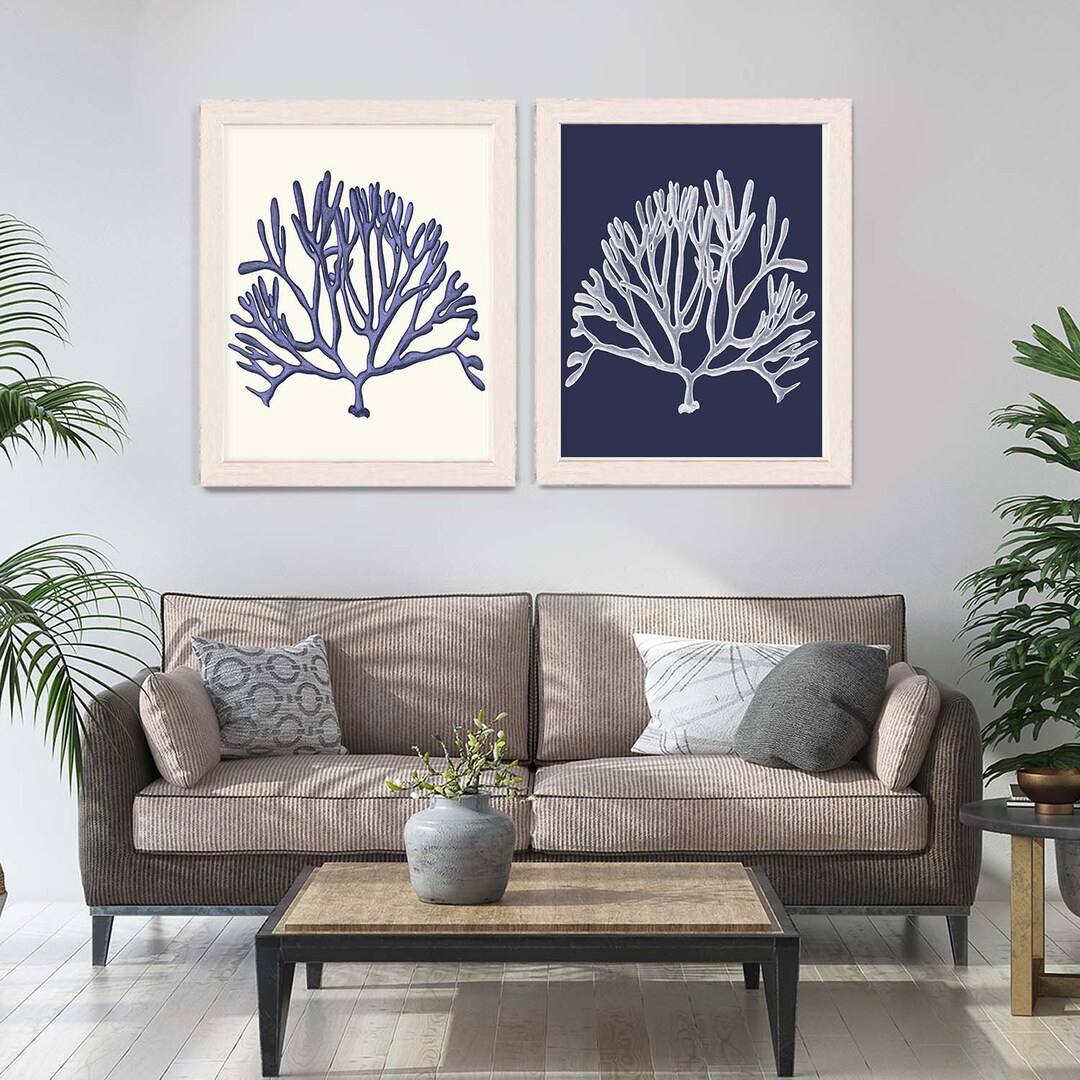 Sea Coral Prints Set of 2 Blue and White Sea Coral Art Prints Coral Illustration Sea Coral Decor