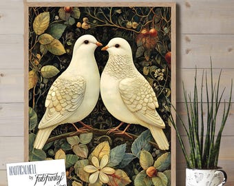 ウィリアム・モリス風の鳩のアートプリント、ヴィンテージの鳥の