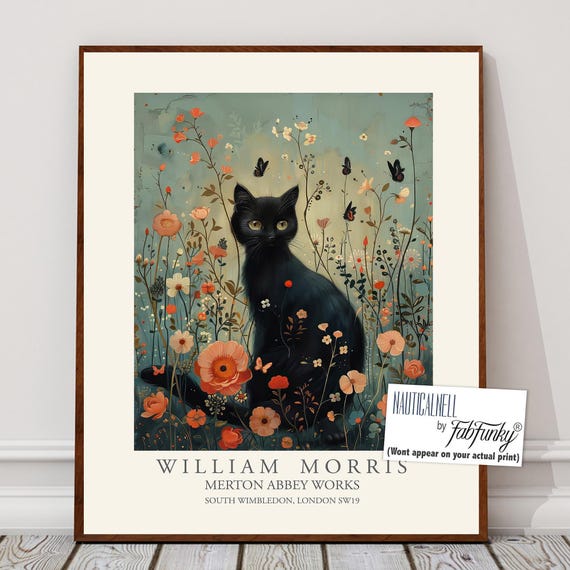 William Morris Style Black Cat Art Print, Dark Floral - Etsy