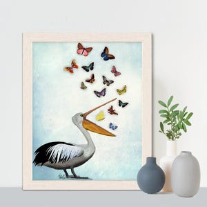 Pelican & Butterflies Art Print: Whimsical Beach House Decor image 9