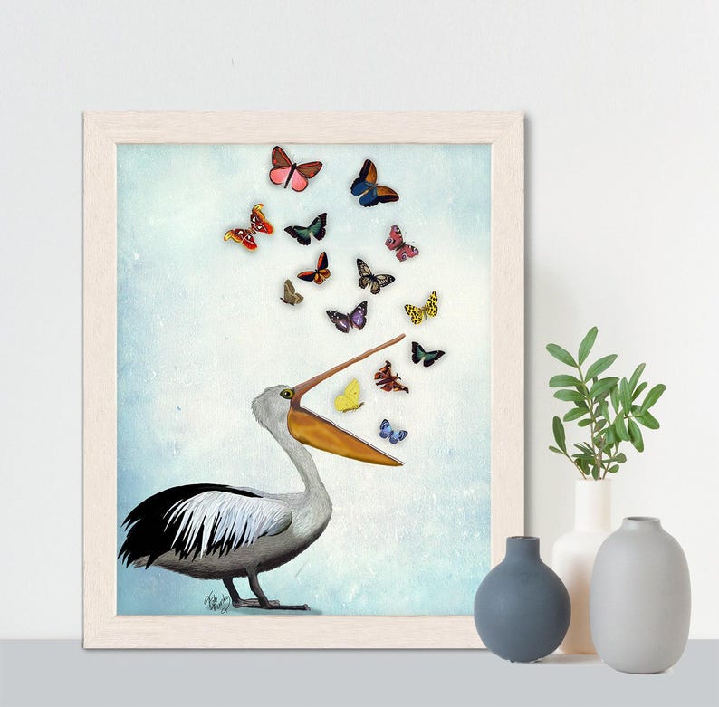 Pelican & Butterflies Art Print: Whimsical Beach House Decor image 9