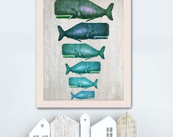 Whale poster - Whale Family Green on Grey: whale print nautical print coastal Wall Art Beach art Coastal living nautical decor Coastal Decor