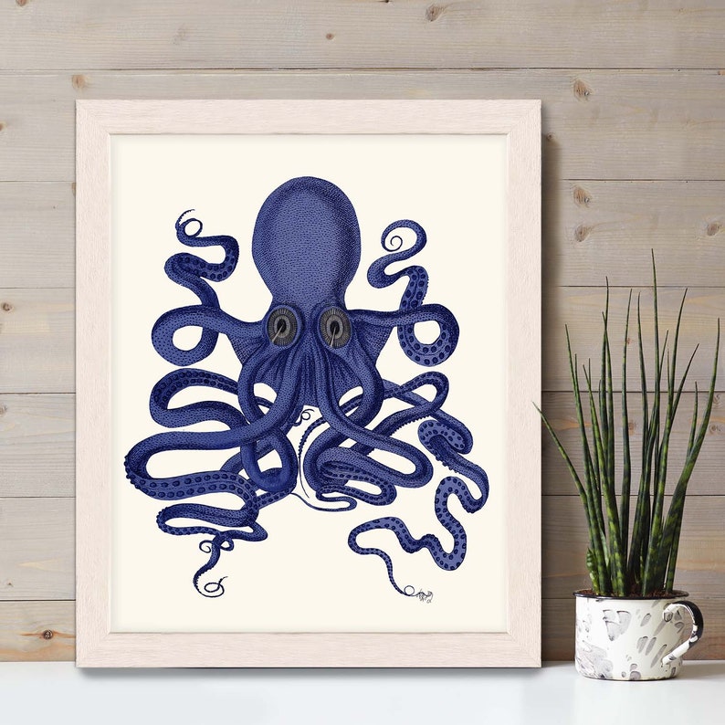 Octopus Print Blue 9 Octopus wall art Octopus poster octopus illustration Nautical Print Digital Print blue octopus Wall Art Wall Decor image 9