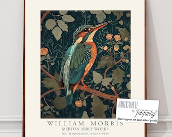 William Morris style bird print,  William Morris Kingfisher poster, Large Vintage wall art, Wildlife nature lover Illustration elegant art