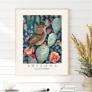 Cactus Wren Arizona State Bird Print, William Morris style wall art Home Decor, Backyard Birds of AZ, Large Desert Plant Poster
