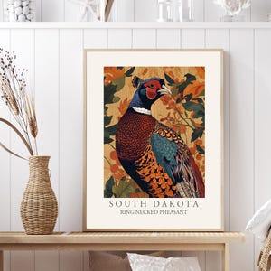Ring Necked Pheasant South Dakota State Bird Art Print, William Morris style wall Home Decor, Backyard Birds SD, Large colorful Poster