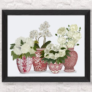 Interni floreali, Vaso cineseria, Porcellana rossa e bianca, Decorazioni per il soggiorno, Arte floreale tropicale, Arte murale asiatica, Stampa artistica botanica immagine 4
