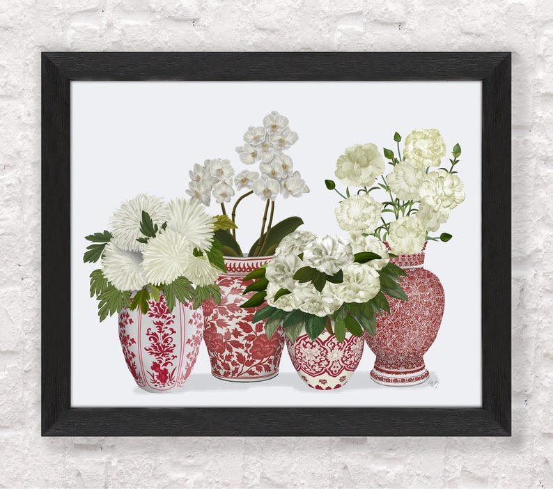 Interni floreali, Vaso cineseria, Porcellana rossa e bianca, Decorazioni per il soggiorno, Arte floreale tropicale, Arte murale asiatica, Stampa artistica botanica immagine 4