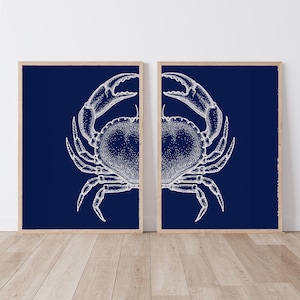 Coastal Crab Diptych Wall Art Set of 2 Prints, Striking Navy Blue Canvas Art for Hamptons Style Home Decor, Nautical style Bathroom Art