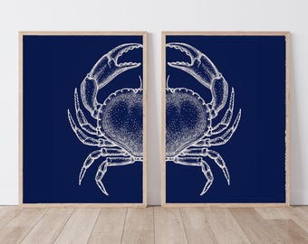 Navy Blue Crab Art Print Set, Coastal Home Decor