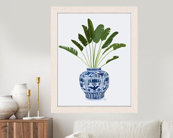 Housewarming gift - Chinoiserie Vase 5 With Plant - Ginger jar picture Blue and white decor Hamptons style Botanical poster Green leaf decor