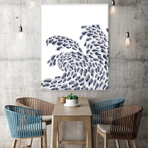 Wave wall art, Blue fish print, Blue and white, Large canvas art, Coastal beach decor, Hamptons style, Ocean painting, Nautical bathroom